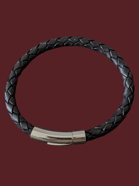 Tous Stainless Steel Silver Tone Black Leather Braided Size 7.25" Bracelet